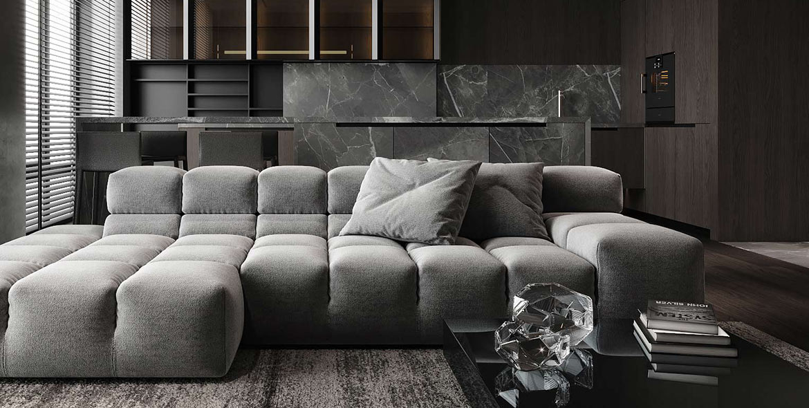 hall black interior design with grey sofa