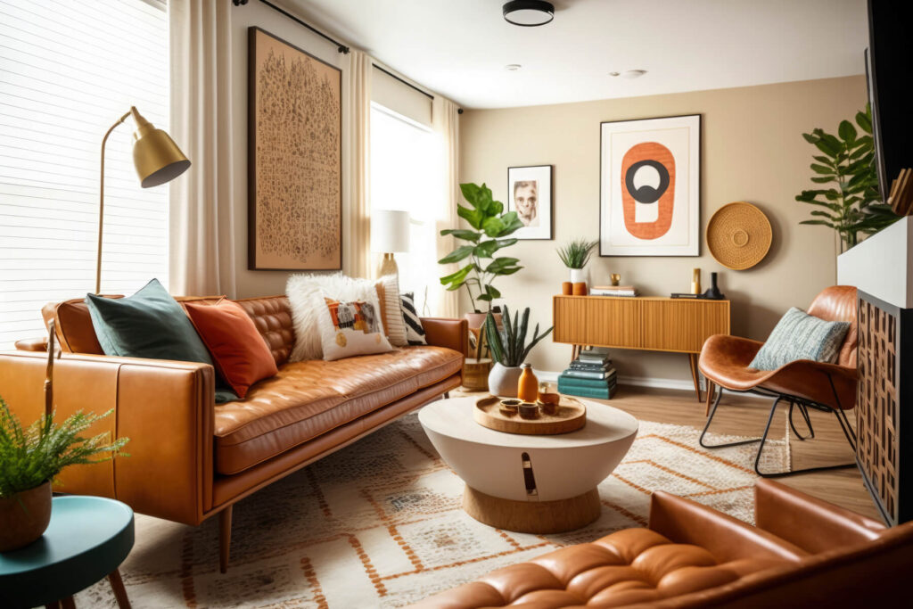 Living Room Mid Century Style With Warm Colors Ai Generative 1